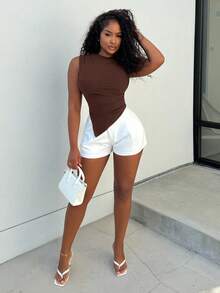 Alexandranx 女士秋冬棕色摩卡纯色PU皮革褶皱不对称下摆时尚上衣，棕色上衣，休闲上衣，派对上衣，节日上衣，万圣节上衣，外出上衣，皮革上衣，商务休闲女装，感恩节 - 咖啡棕 - 查看 5