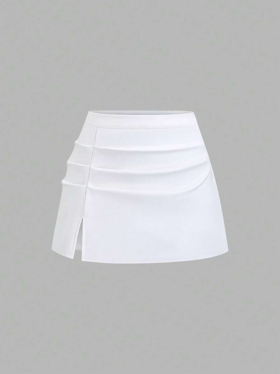 Sweetra Petite Chân váy mini dáng chữ A xòe bằng da PU, kiểu dáng thanh lịch dành cho phụ nữ nhỏ nhắn, thích hợp cho mùa thu/đông. - trắng - Xem 1