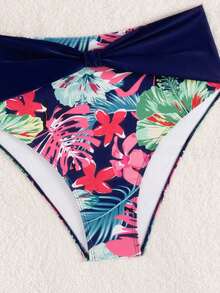 Swim Lushoire 2 Pieces Women Tropical Floral Print Wide-Strap Bandeau Top With Front Bow & High-Waisted Ruched Bikini Swimsuit Set For Summer Beach Vacation - Multicolor - View 6