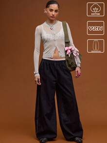 COUREZ Calça Denim Cintura Baixa Ajuste Médio Balão/Y2K/Casual/Algodão/Looks de Verão para Mulheres Algodão Vintage - Lavagem escura - Visão 1