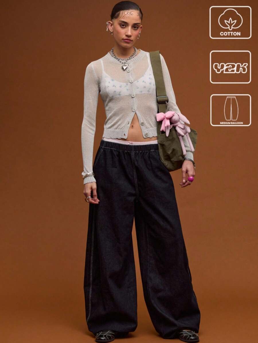 COUREZ Calça Denim Cintura Baixa Ajuste Médio Balão/Y2K/Casual/Algodão/Looks de Verão para Mulheres Algodão Vintage - Lavagem escura - Visão 1
