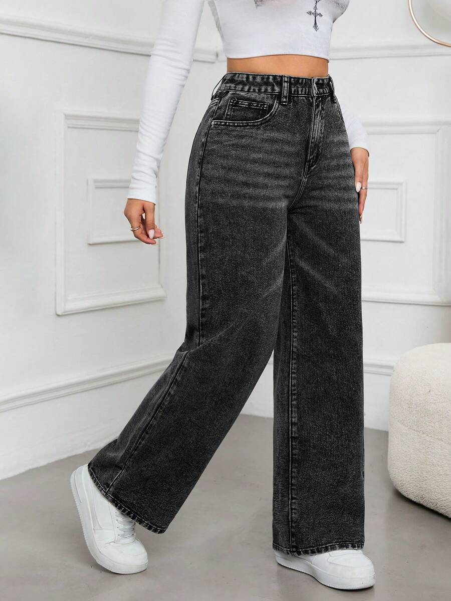 SHEIN EZwear 休闲水洗高腰直筒牛仔裤 - 深灰色 - 查看 1
