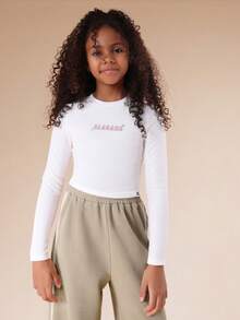 SUMWON Printed Long Sleeve Ribbed T-Shirt And Wide Leg Jogger Co-Ord Set For Tweens Casual Vacation - White - View 3