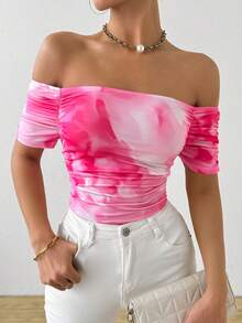 Glamine Women's Elegant Off Shoulder Floral Print T-Shirt, Summer - Pink - View 4