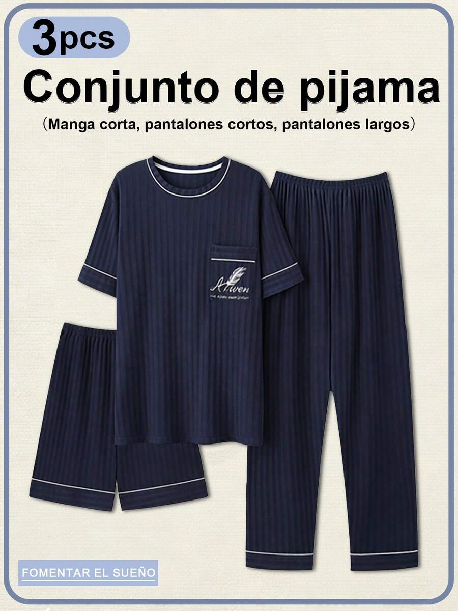 Pijama de Hombre Pijamas Navideñas Pijama Navideña Hombre Conjunto de 3 Piezas Tejido Suave para la Piel Estampado de Rayas Manga Corta y Pantalones Largo y Corto Color Azul Claro Estilo Sencillo y Cómodo Promueve el Sueño para Uso Hogareño Ideal como Regalos de Navidad Almacén Local, pijamas navideñas,pijama de hombre,pijama navideña hombre,Regalos de Navidad,Almacén local - Negro - Ver 1