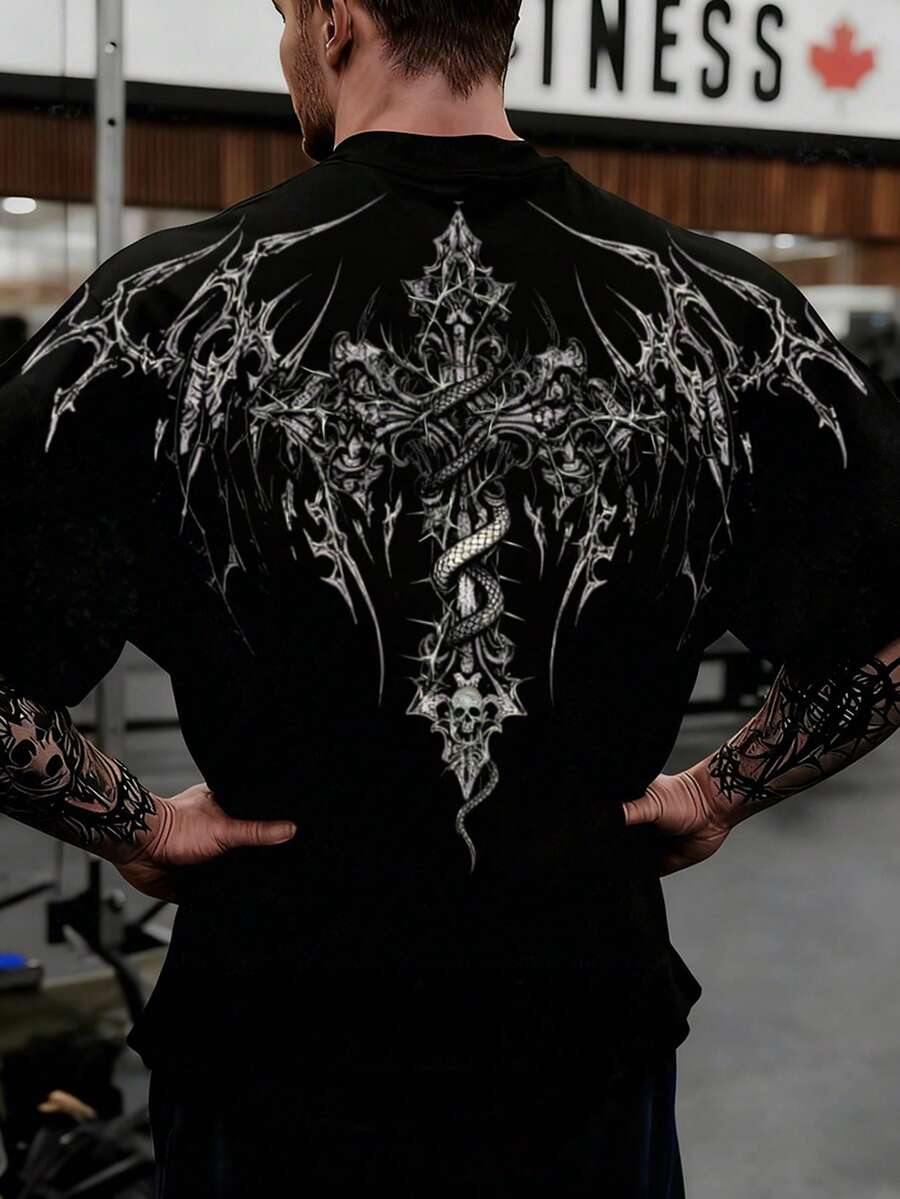 RISE LYT 男士休闲时尚街头十字架骷髅印花短袖运动T恤，夏季男士压缩衣 - 彩色 - 查看 1