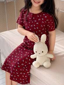 Dazy Kids Young Girls Round Neck Short Sleeve Nightgown Loungewear - Burgundy - View 7