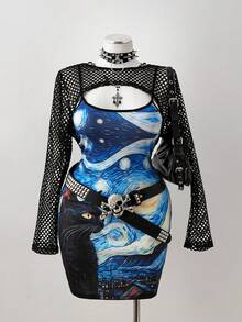 Sunspun Conjunto de 2 piezas: Vestido de talla grande con estampado de Van Gogh de vibra oscura y chal de malla - Multicolor - Ver 6