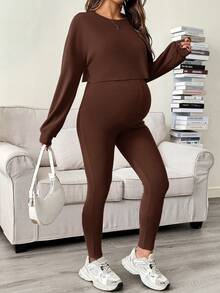 SHEIN Bộ đồ bầu 2 món: Áo liền quần không tay màu trơn tối giản mặc hàng ngày và áo dài tay cổ tròn. - Cà phê nâu - Xem 8