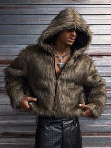 AXEPEAK Men's Autumn/Winter Fashion Street Casual Cross Embroidery Zipper Front Faux Fur Hooded Jacket - Dark Grey - View 7