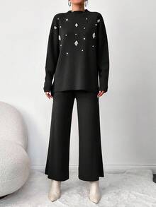 EURMUSE Women's Pearl Beaded Knit Sweater 2pcs/set - Black - View 4