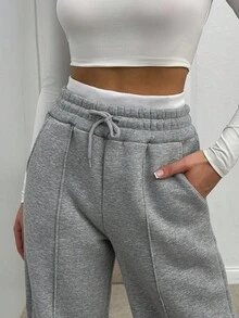 SHEIN Tall Cottnline Women Belt Detailed Wide Leg Grey Melange Sweatpant - Light Grey - View 4