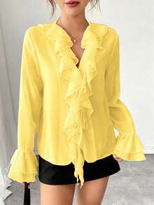 Rafferiza 优雅法式纯色雪纺灯笼袖V领系带宽松休闲秋季女式衬衫 - 鵝黃色 - 查看 5