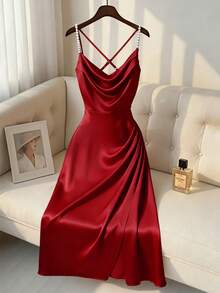 Franclia Women's Pearl Strap Dress, New Year Dress, New Year Outfit, Women's New Year Style, Women's New Year Clothing, Women's New Year's Eve Outfit, Elegant Party Dress, Long Party Dress, Party Dress, Red Dress, Women's Red Dress, Women's Red Dress, Red Dress, Red Dress, Red Skirt, Valentine's Day Elegant Long Dress, Women's Elegant Dress, Women's Vacation Outfit, Commute, Daily Casual Long Dress, V-Neck Long Dress, Spring Outfit, Women's Spring Spring Break Outfit, Spring Clothing, Party Dress, Party Elegant Dress, Women's Party Dress, Party Dress, Party Top, Long Party Dress, Party Elegant Party Dress, Elegant Party Dress, Party Outfit, Valentine's Day Women's Valentine's Day Outfit, Valentine's Day Valentine's Day Dress, Valentine's Day Outfit, Valentine's Day Clothing, Valentine's Day Dress, Valentine's Day Outfit  Red Satin Dress Dark Red Dress Red Wine Dress Sexy Dinner Dress Medium Length Dress - Red - View 3