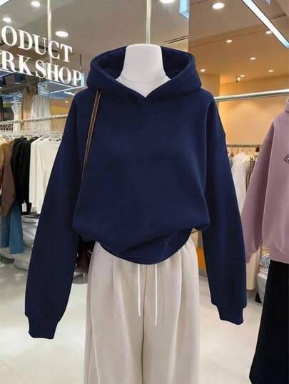 女士新款时尚休闲纯色连帽卫衣，百搭