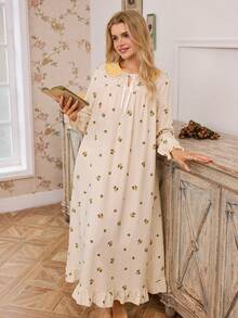 FloralLove 浪漫花卉印花彼得潘领荷叶边下摆宽松长款睡裙，适合女性，情人节适用 - 黃色 - 查看 1