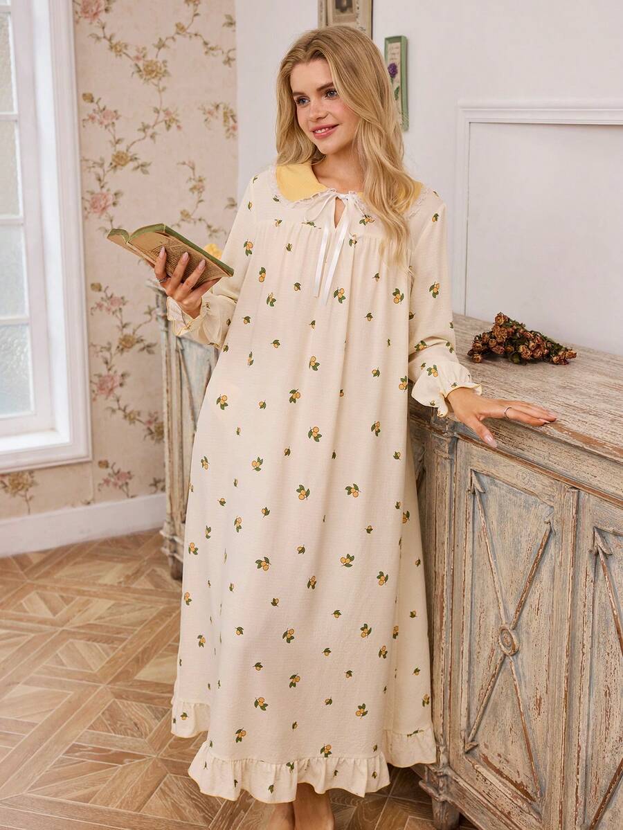 FloralLove 浪漫花卉印花彼得潘领荷叶边下摆宽松长款睡裙，适合女性，情人节适用 - 黃色 - 查看 1