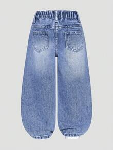 Jeans de pierna ancha de mezclilla desgastada y desteñida con panel frontal personalizado y lazo 3D, pantalones casuales versátiles, azul, estilo niñas de los 90s, K-pop de los 90s - Azul - Ver 3