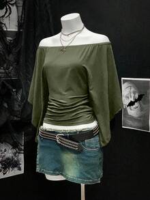 EgrlEra Áo thun nữ màu trơn thời trang trễ vai, thắt eo, phong cách retro gợi cảm - xanh quân đội - Xem 4