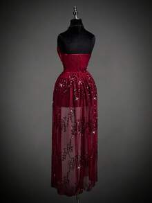 SHEIN ICON Vestido de mujer con bandeau de malla con lentejuelas de moda y sexy - Rojo - Ver 8