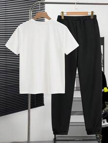 男童新款休闲简约Y2K风格宇航员元素运动撞色短袖长裤两件套，适合春夏日常休闲穿着 - 黑與白 - 查看 3