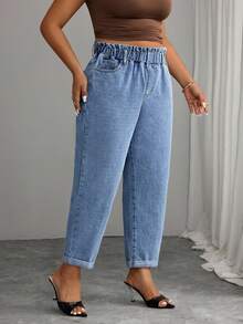 Elenzga 大码女式弹性腰带口袋锥形休闲百搭牛仔裤