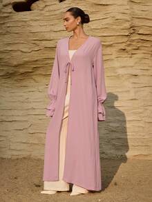 Graceveil 女士宽松系带蝴蝶结双层荷叶袖设计长袍，舒适春夏款 - 粉色 - 查看 1