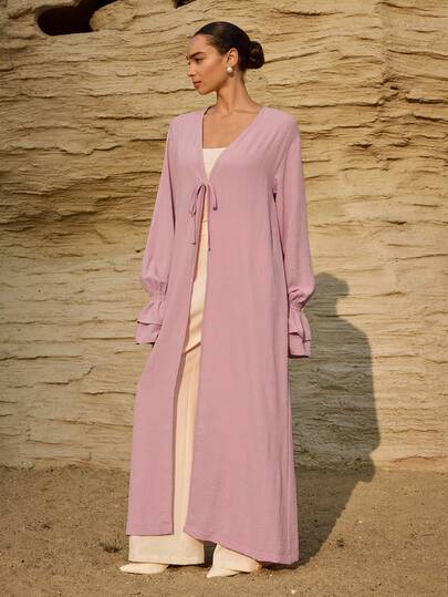 Graceveil Damabaya med lös passform, knytband, rosett och dubbla lager, volangärm, bekväm vår/sommar