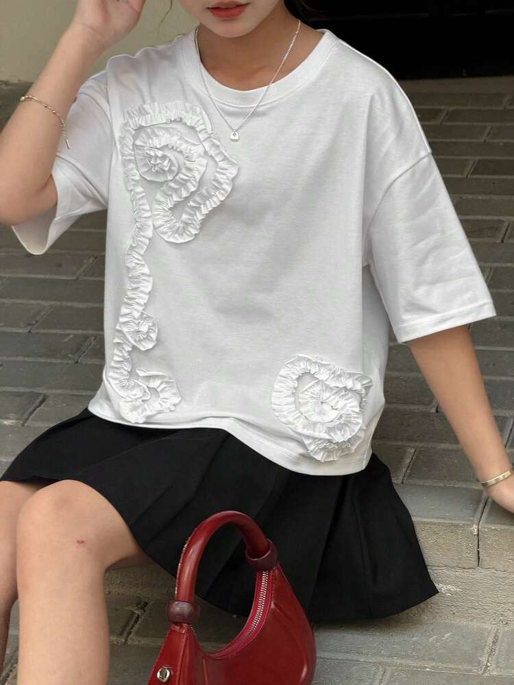 Tween Girls Ruched 3D Flower Loose Short Sleeve Cropped Casual T-Shirt Spring