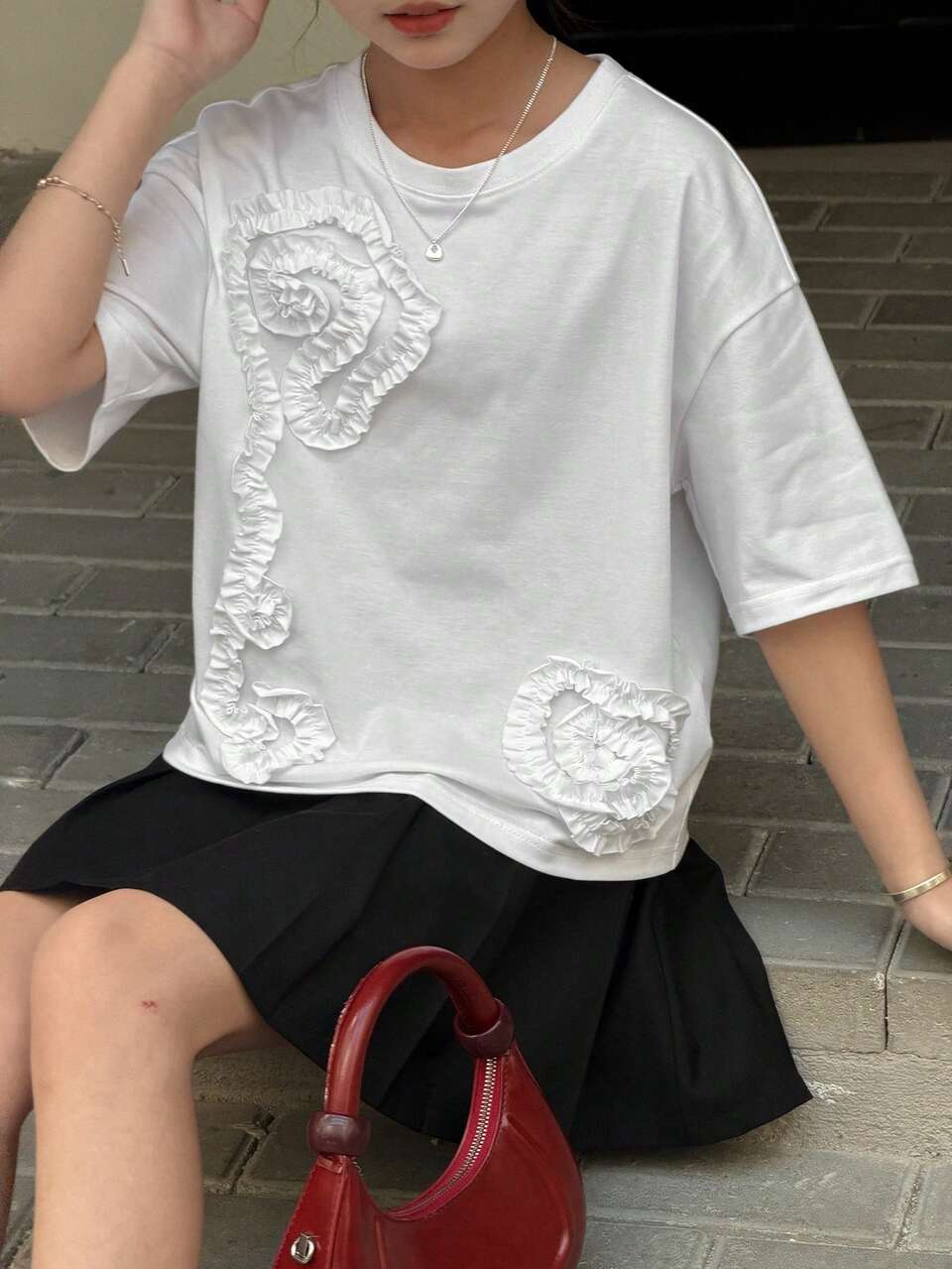 Tween Girls Ruched 3D Flower Loose Short Sleeve Cropped Casual T-Shirt Spring