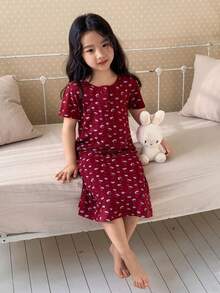 Dazy Kids Young Girls Round Neck Short Sleeve Nightgown Loungewear - Burgundy - View 5