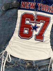 Attitoon 女士休闲抽绳系带露脐吊带背心，数字67印花，适合夏季穿着 - 彩色 - 查看 4