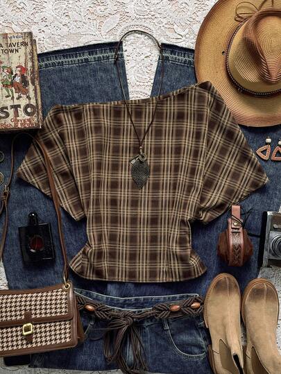 Easelle Women's Plaid Batwing Sleeve Short-Sleeved Casual Loose Top, Brown Off-Shoulder Plaid Top, Brown Short-Sleeved Retro Top, 2025