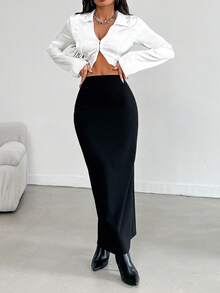 EURMUSE Women's High Slit Long Skirt - Black - View 5