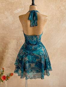 Soleia Đầm ngắn nữ kiểu cổ điển cổ yếm hở lưng xếp nếp viền đầm - màu xanh lá - Xem 2