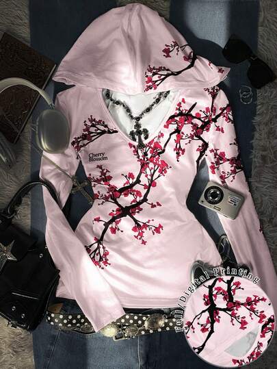 Glimmora Y2K Women's Printed T-Shirt, Plum Blossom T-Shirt, Suitable For Autumn And Winter, Fashionable, Printed T-Shirt, Fashionable T-Shirt, Gift For Siblings, Gift For Sisters, Cute T-Shirt, Retro T-Shirt Of The 2000s, Casual And Simple, Fashionable T-Shirt With Hood And V-Neck