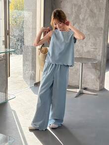 DAZY Teen Girl Solid Color Round Neck Wide Strap Sleeveless Casual Loose Denim Set