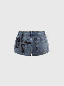 ROMWE Grunge Punk Quần short denim nữ dáng ôm siêu ngắn, cạp siêu thấp, hở lưng, in hình ngôi sao, phong cách Y2K. - Màu xanh lam - Xem 1