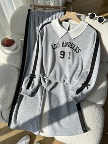 SHEIN ChillGRL Casuvi 女童两件套：长袖T恤，衬衫领，蕾丝边饰，卡通印花；针织阔腿裤，蕾丝边饰，印花图案，学院风，适合春秋季休闲、返校、运动、度假等场合。