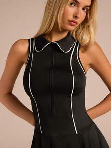 SHEIN Glamour Elegant Black And White Sleeveless Mini A Line Pleated Dress With Shirt Collar - Black and White - View 7