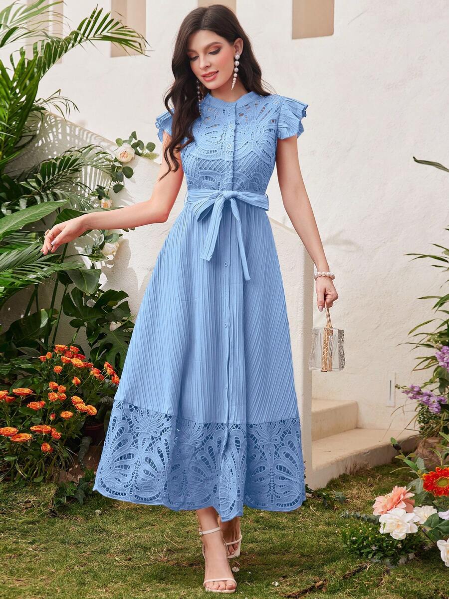 Modelyn Burgundy Red Women's Solid Color Simple Daily Wear Belted Dress Maxi Women Outfit Long Evening Dresses - Baby Blue - View 1