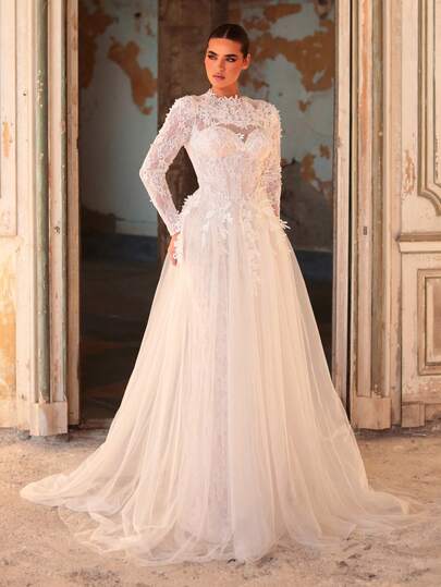 Aureia Elegant Luxury Romantic Stand Collar Long Sleeve Embroidered Bodice With Heart Neckline, Waist-Cinching Silhouette, Flared Mesh Skirt With Tie Waist, Suitable For Various Formal Occasions, Women's Wedding Gown
