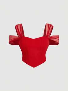 SHEIN MOD 大码露肩褶皱下摆红色上衣，适合外出穿着，情人节红色胸衣，红色束身衣，Y2K风格红色夏季上衣，红色度假风 - 紅色 - 查看 6