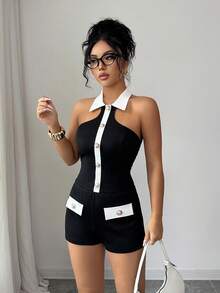 Elenzga Conjunto de 2 piezas de mujer para vacaciones elegantes, top sin espalda de punto negro y blanco con hebilla metálica sin mangas + shorts, para primavera/verano - Negro - Ver 4