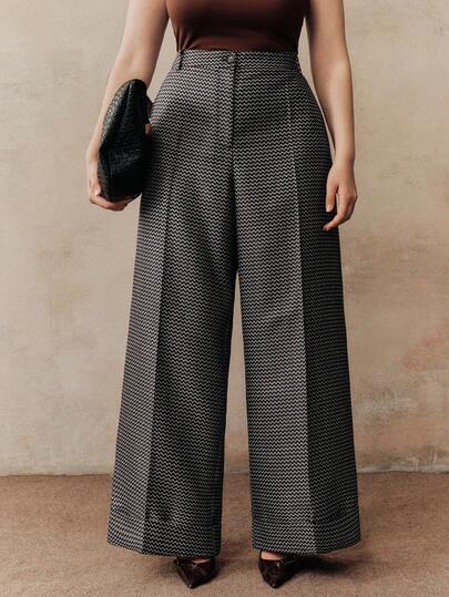 Anewsta Plus Size Women Urban Chic Striped Wavy Textured High Waist Drape Effect Wide Leg Pants