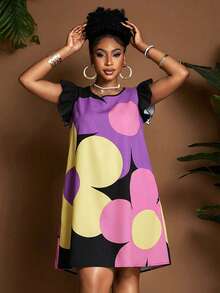 mujer de línea A con cuello redondo, manga acampanada y estampado de dibujos animados en negro, uso diario minimalista, nueva llegada, diseño de nicho de moda, talla hasta la rodilla - Multicolor 8 - Ver 2