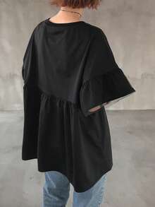 FRIFUL Women's Casual Contrast Mesh Ruffle Trim Short Sleeve T-Shirt, Summer - Black - View 2