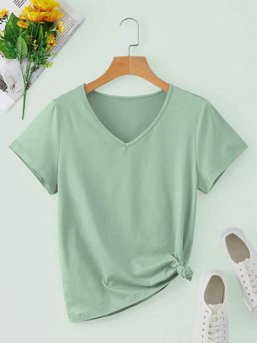INAWLY Solid V Neck Tee - Mint Green - View 1