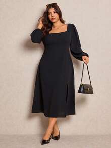 Elaquor Vestido elegante de talla grande con parches de encaje y abertura alta en unicolor para uso diario - Negro - Ver 6