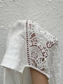 Elaquor Áo thun nữ mùa hè cỡ lớn, màu trơn, phối ren, kiểu dáng thường ngày, viền ren, màu trắng, thích hợp cho kỳ nghỉ xuân, đi nghỉ mát. - trắng - Xem 8